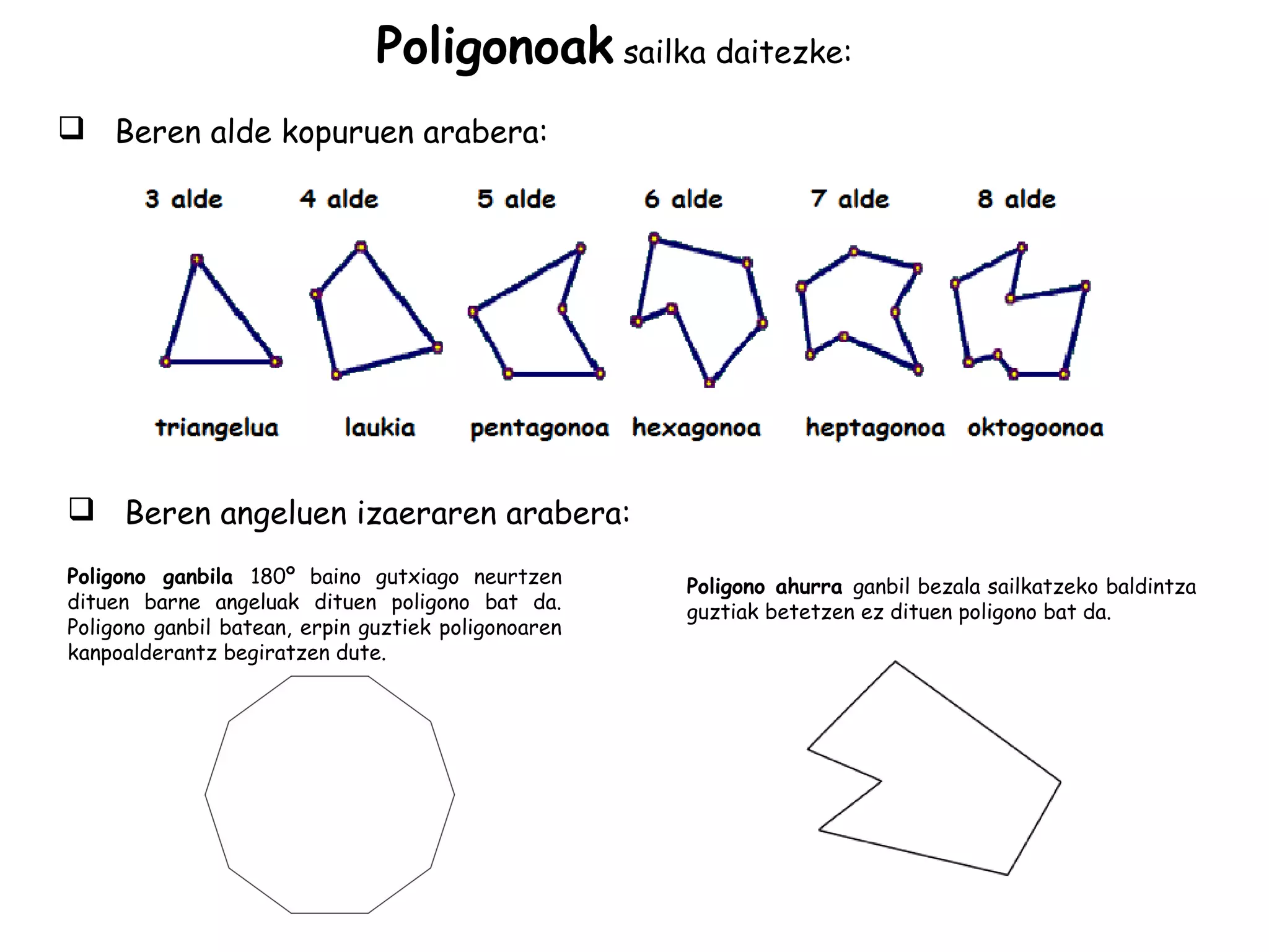 Poligonoak sailka daitezke:
 Beren alde kopuruen arabera:
 Beren angeluen izaeraren arabera:
Poligono ganbila 180º baino gutxiago neurtzen
dituen barne angeluak dituen poligono bat da.
Poligono ganbil batean, erpin guztiek poligonoaren
kanpoalderantz begiratzen dute.
Poligono ahurra ganbil bezala sailkatzeko baldintza
guztiak betetzen ez dituen poligono bat da.
 
