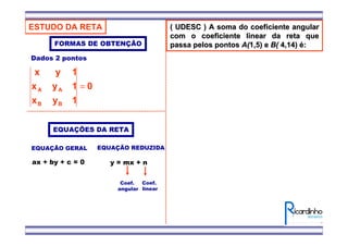 ESTUDO DA RETA
EQUAÇÕES DA RETA
EQUAÇÃO GERAL
ax + by + c = 0
EQUAÇÃO REDUZIDA
y = mx + n
Coef.
angular
Coef.
linear
FORMAS DE OBTENÇÃO
0
1yx
1yx
1yx
BB
AA =
Dados 2 pontos
( UDESC ) A soma do coeficiente angular( UDESC ) A soma do coeficiente angular
com o coeficiente linear da reta quecom o coeficiente linear da reta que
passa pelos pontospassa pelos pontos A(A(1,5) e1,5) e B(B( 4,14)4,14) éé::
 