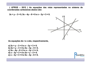 ( UFRGS( UFRGS –– 2012 ) As equa2012 ) As equaçções das retas representadas no sistema deões das retas representadas no sistema de
coordenadas cartesianas abaixo são:coordenadas cartesianas abaixo são:
2x + y2x + y –– 3 = 0, 5x3 = 0, 5x –– 4y4y –– 8 = 0 e x8 = 0 e x –– 3y + 3 = 0.3y + 3 = 0.
As equaAs equaçções deões de rr ee ss são, respectivamente,são, respectivamente,
a) 2x + ya) 2x + y –– 3 = 0 e x3 = 0 e x –– 3y + 3 = 0.3y + 3 = 0.
b) 2x + yb) 2x + y –– 3 = 0 e 5x3 = 0 e 5x –– 4y4y –– 8 = 0.8 = 0.
c) 5xc) 5x –– 4y4y –– 8 = 0 e x8 = 0 e x –– 3y + 3 = 0.3y + 3 = 0.
d) xd) x –– 3y + 3 = 0 e 2x + y3y + 3 = 0 e 2x + y –– 3 = 0.3 = 0.
e) xe) x –– 3y + 3 = 0 e 5x3y + 3 = 0 e 5x –– 4y4y –– 8 = 0.8 = 0.
 