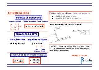 ESTUDO DA RETA
EQUAÇÕES DA RETA
EQUAÇÃO GERAL
ax + by + c = 0
EQUAÇÃO REDUZIDA
y = mx + n
Coef.
angular
Coef.
linear
FORMAS DE OBTENÇÃO
0
1yx
1yx
1yx
BB
AA =
Dados 2 pontos
CÁLCULO DO COEFICIENTE ANGULAR
AxBx
AyBy
m
−
−
=m = tg α
Dados 1 ponto e o coef. angular
y – yo = m(x – xo)
DISTÂNCIA ENTRE PONTO E RETA
( UFSC ) Dados os pontos A(1, −−−−1), B(−−−−1, 3) e
C(2, 7), determine a medida da altura do triângulo
ABC relativa ao lado BC.
RESPOSTA: 04
 