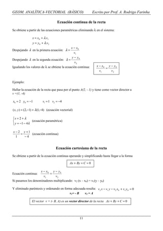 GEOM. ANALÍTICA-VECTORIAL (BÁSICO)                              Escrito por Prof. A. Rodrigo Farinha

                                    Ecuación continua de la recta

Se obtiene a partir de las ecuaciones paramétricas eliminando λ en el sistema:

                x = x 0 + λ .v1
                y = y 0 + λ.v 2
                                             x − x0
Despejando λ en la primera ecuación: λ =
                                               v1
                                              y − y0
Despejando λ en la segunda ecuación: λ =
                                                v2
Igualando los valores de λ se obtiene la ecuación continua:        x − x0 y − y0
                                                                         =
                                                                     v1     v2


Ejemplo:

Hallar la ecuación de la recta que pasa por el punto A(2, - 1) y tiene como vector director a
v =(1, -4)

x0 = 2 y0 = −1           v1 = 1 v2 = −4

( x, y ) = (2,−1) + λ (1,−4) (ecuación vectorial)

x = 2 + λ
             (ecuación paramétrica)
 y = −1 − 4λ

x − 2 y +1
     =     (ecuación continua)
  1    −4


                                   Ecuación cartesiana de la recta
Se obtiene a partir de la ecuación continua operando y simplificando hasta llegar a la forma

                                              Ax + By + C = 0

                    x − x0 y − y0
Ecuación continua:        =
                      v1      v2
Si pasamos los denominadores multiplicando: v2 (x – x0) = v1(y – y0)

Y eliminado paréntesis y ordenando en forma adecuada resulta: v 2 x − v1 y − v 2 x 0 + v1 y 0 = 0
                                          v1= - B   v2 = A

               El vector v = (- B, A) es un vector director de la recta Ax + By + C = 0




                                                     11
 