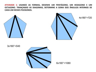 ATIVIDADE 1: USANDO AS FORMAS, DESENHE UM PENTÁGONO, UM HEXAGONO E UM
OCTóGONO. TRANÇANDO AS DIAGONAIS, DETERMINE A SOMA DOS ÂNGULOS INTERNOS DE
CADA UM DESSES POLÍGONOS.
3x180°=540
6x180°=1080
4x180°=720
 