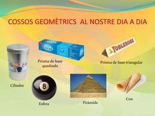 COSSOS GEOMÈTRICS AL NOSTRE DIA A DIA



           Prisma de base              Prisma de base triangular
              quadrada




Cilindre


                                                      Con
           Esfera           Piràmide
 