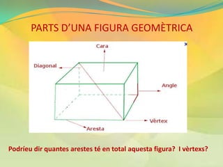 PARTS D’UNA FIGURA GEOMÈTRICA




Podríeu dir quantes arestes té en total aquesta figura? I vèrtexs?
 
