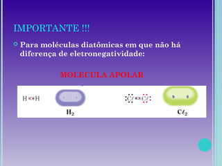 IMPORTANTE !!!
 Para moléculas diatômicas em que não há
diferença de eletronegatividade:
MOLECULA APOLAR
 