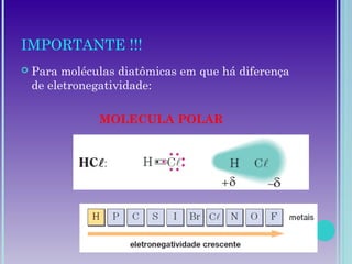 IMPORTANTE !!!
 Para moléculas diatômicas em que há diferença
de eletronegatividade:
MOLECULA POLAR
 