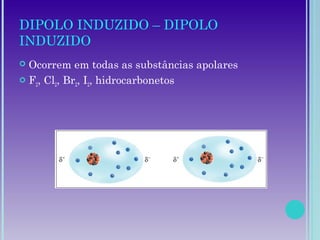 DIPOLO INDUZIDO – DIPOLO
INDUZIDO
 Ocorrem em todas as substâncias apolares
 F2, Cl2, Br2, I2, hidrocarbonetos
 