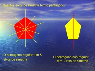 Quantos eixos de simetria tem o pentágono? O pentágono regular tem 5 eixos de simetria O pentágono não regular tem 1 eixo de simetria 