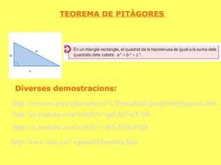TEOREMA DE PITÀGORES  http://www.xtec.cat/~eguardi4/teorema.htm http://es.youtube.com/watch?v=qaEA67wX1pk http://es.youtube.com/watch?v=fb5cWHolWj8 Diverses demostracions:   http://recursos.pnte.cfnavarra.es/%7Emsadaall/geogebra/pitagoras.htm 