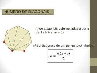 NÚMERO DE DIAGONAIS

no de diagonais determinadas a partir
de 1 vértice: (n – 3)

no de diagonais de um polígono c/ n lados:

n.(n  3)
d
2

 