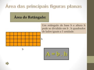 Área do Retângulo:
Um retângulo de base b e altura h
pode se dividido em b . h quadrados
de lados iguais a 1 unidade.
h

b

A=b.h

 