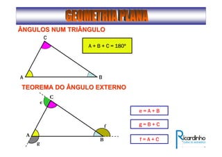 f
A
C
B
e = A + Be = A + Be = A + Be = A + B
g
e
f = A + Cf = A + Cf = A + Cf = A + C
g = B + Cg = B + Cg = B + Cg = B + C
ÂNGULOS NUM TRIÂNGULOÂNGULOS NUM TRIÂNGULO
AAAA
CCCC
BBBB
A + B + C = 180A + B + C = 180A + B + C = 180A + B + C = 180ºººº
TEOREMA DO ÂNGULO EXTERNOTEOREMA DO ÂNGULO EXTERNO
 
