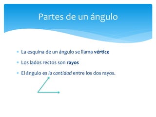  La esquina de un ángulo se llama vértice
 Los lados rectos son rayos
 El ángulo es la cantidad entre los dos rayos.
Partes de un ángulo
 