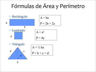 Fórmulas de Área y Perímetro
 Rectángulo
 Cuadrado
 Triángulo
A = ba
P = 2b + 2a
A = a2
P = 4a
A = ½ ba
P = b + c + d
a
a
a
b
b
cd
 