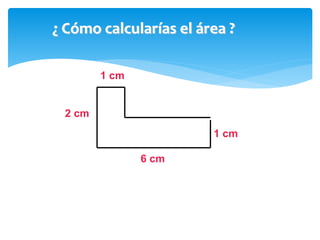 1 cm
2 cm
1 cm
6 cm
¿ Cómo calcularías el área ?
 