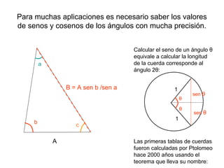 Para muchas aplicaciones es necesario saber los valores
de senos y cosenos de los ángulos con mucha precisión.
A
b
c
B = A sen b /sen a
a
Calcular el seno de un ángulo θ
equivale a calcular la longitud
de la cuerda corresponde al
ángulo 2θ:
Las primeras tablas de cuerdas
fueron calculadas por Ptolomeo
hace 2000 años usando el
teorema que lleva su nombre:
θ
θ
1
1
sen θ
sen θ
 