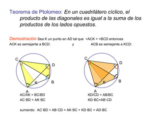 Teorema de Ptolomeo: En un cuadrilátero cíclico, el
producto de las diagonales es igual a la suma de los
productos de los lados opuestos.
Demostración Sea K un punto en AD tal que <ACK = <BCD entonces
ACK es semejante a BCD: y ACB es semejante a KCD:
AC/AK = BC/BD KD/CD = AB/BC
AC·BD = AK·BC KD·BC=AB·CD
sumando: AC·BD + AB·CD = AK·BC + KD·BC = AD·BC
B
D
C
A
K
C
A
B
D
K
 