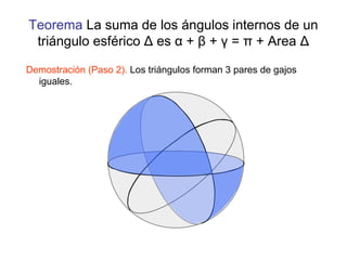 Demostración (Paso 2). Los triángulos forman 3 pares de gajos
iguales.
Teorema La suma de los ángulos internos de un
triángulo esférico Δ es α + β + γ = π + Area Δ
 