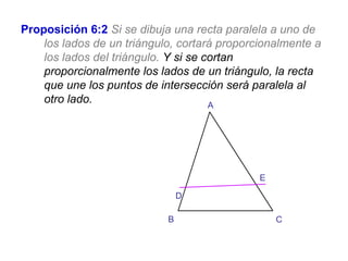 Proposición 6:2 Si se dibuja una recta paralela a uno de
los lados de un triángulo, cortará proporcionalmente a
los lados del triángulo. Y si se cortan
proporcionalmente los lados de un triángulo, la recta
que une los puntos de intersección será paralela al
otro lado.
C
A
B
D
E
 