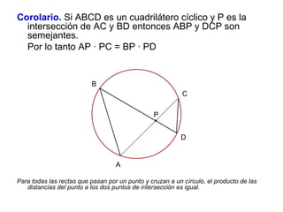 Corolario. Si ABCD es un cuadrilátero cíclico y P es la
intersección de AC y BD entonces ABP y DCP son
semejantes.
Por lo tanto AP ∙ PC = BP ∙ PD
Para todas las rectas que pasan por un punto y cruzan a un círculo, el producto de las
distancias del punto a los dos puntos de intersección es igual.
P
C
A
B
D
 