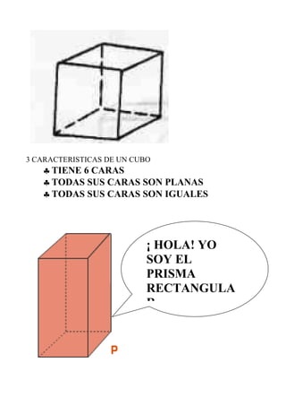 3 CARACTERISTICAS DE UN CUBO
   ♣ TIENE 6 CARAS
   ♣ TODAS SUS CARAS SON PLANAS
   ♣ TODAS SUS CARAS SON IGUALES




                           ¡ HOLA! YO
                           SOY EL
                           PRISMA
                           RECTANGULA
                           R
 