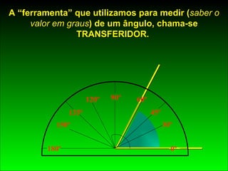 A “ferramenta” que utilizamos para medir ( saber o valor em graus ) de um ângulo, chama-se TRANSFERIDOR.  45º 90º 135º 180º 0º 30º 60º 120º 150º 
