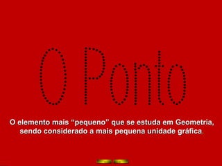 O elemento mais “pequeno” que se estuda em Geometria, sendo considerado a mais pequena unidade gráfica . O Ponto 