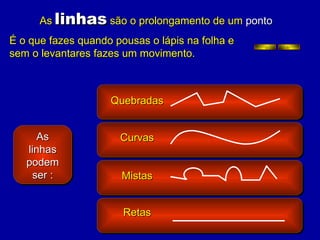 Quebradas Curvas Mistas Retas É o que fazes quando pousas o lápis na folha e sem o levantares fazes um movimento. As   linhas   são o prolongamento de um  ponto As linhas podem ser : 