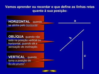 Vamos aprender ou recordar o que define as linhas retas quanto à sua posição: a b c HORIZONTAL  quando se alinha pelo  horizonte . OBLÍQUA  quando não está na posição vertical ou horizontal,  quando dá a sensação de inclinação. VERTICAL  quando  toma a posição do  “ fio-de-prumo ”. 
