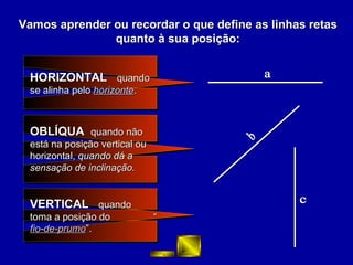 Vamos aprender ou recordar o que define as linhas retas quanto à sua posição: a b c HORIZONTAL  quando se alinha pelo  horizonte . OBLÍQUA  quando não está na posição vertical ou horizontal,  quando dá a sensação de inclinação. VERTICAL  quando  toma a posição do  “ fio-de-prumo ”. 