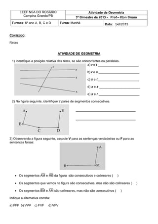 Atividade de Geometria 6º ano (retas)