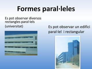 Formes paral·leles
Es pot observar diversos
rectangles paral·lels
(universitat)              Es pot observar un edifici
                           paral·lel i rectangular
 
