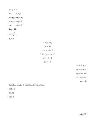 Nota: Coordenadas de los vértices del triangulo son:

A (-5, -4)

B (1, 6)

C (9, -2)




                                                       pág. 35
 