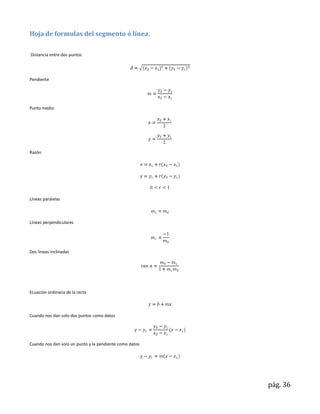 Hoja de formulas del segmento ó línea.


Distancia entre dos puntos




Pendiente




Punto medio




Razón




Líneas paralelas



Líneas perpendiculares




Dos líneas inclinadas




Ecuación ordinaria de la recta



Cuando nos dan solo dos puntos como datos




Cuando nos dan solo un punto y la pendiente como datos




                                                         pág. 36
 