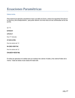 Ecuaciones Paramétricas
Línea recta.

Para resolver los ejemplos necesitamos hacer una tabla en Excel y colocar las siguientes formulas en
la columna y fila correspondiente, para poder obtener una línea recta con las coordenadas de los dos
puntos.




b3=b2-b1

c3=c2-c1

Para “t” intervalo.

A7=(A6+(1/20))

Para los valores de “x”.

B6=($B$1+$B$3*A6)

Para los valores de “y”.

C6=($C$1+$C$3*A6)



En todos los ejemplos en la tablas solo se muestran tres valores iníciales y tres valores finales de la
misma. Todas las tablas inician desde A6 hasta A26.




                                                                                                pág. 67
 