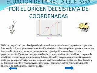 ECUACION DE LA RECTA QUE PASA POR EL ORIGEN DEL SISTEMA DE COORDENADASToda recta que pasa por el origen del sistema de coordenadas está representada por una función de la forma y=mx o sea una función de dos variables de primer grado, sin término independiente, en la que m es una constante cuyo significado estableceremos posteriormente. Para esto, necesitamos hacer ver que esta función establece o expresa la condición común a que se ajustan absolutamente todos los puntos que constituyen una recta que pasa por el origen, en otras palabras debemos hacer constar que la ordenada y de todo punto de la recta efectivamente es igual al producto de la constante m por la abscisa x de dicho punto, es decir y=mx. 