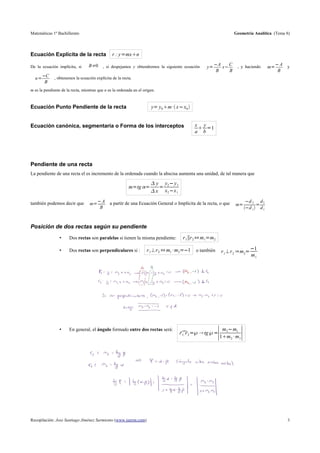 Matemáticas 1º Bachillerato                                                                                          Geometría Analítica (Tema 8)




Ecuación Explícita de la recta                  r : y=mxn

De la ecuación implícita, si      B≠0      , si despejamos y obtendremos la siguiente ecuación          A    C                                 A
                                                                                                   y=      x          , y haciendo        m=        y
                                                                                                         B    B                                  B
       C
  n=          , obtenemos la ecuación explícita de la recta.
        B
m es la pendiente de la recta, mientras que n es la ordenada en el origen.


Ecuación Punto Pendiente de la recta                                   y= y0 m · x x0 


Ecuación canónica, segmentaria o Forma de los interceptos                                     x y
                                                                                                =1
                                                                                              a b




Pendiente de una recta
La pendiente de una recta el es incremento de la ordenada cuando la abscisa aumenta una unidad, de tal manera que

                                                                        y y2  y 1
                                                          m=tg =         =
                                                                        x x2 x 1

también podemos decir que               A     a partir de una Ecuación General o Implícita de la recta, o que                d 2 d 2
                                   m=                                                                                 m=            =
                                         B                                                                                   d 1  d 1



Posición de dos rectas según su pendiente
                 •     Dos rectas son paralelas si tienen la misma pendiente:          r 1∥r 2 ⇔ m 1=m2

                 •     Dos rectas son perpendiculares si :           r 1 ⊥ r 2 ⇔ m1 · m2=1   o también                          1
                                                                                                              r 1 ⊥ r 2 ⇒ m 2=
                                                                                                                                 m1




                 •     En general, el ángulo formado entre dos rectas será:
                                                                                       =℘  tg ℘=
                                                                                      r 1, r 2
                                                                                                          ∣m 2 m1
                                                                                                          1m 2 · m 1    ∣




Recopilación: Jose Santiago Jiménez Sarmiento (www.iseron.com)                                                                                       3
 
