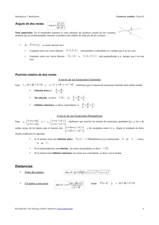 Matemáticas 1º Bachillerato                                                                                                Geometría Analítica (Tema 8)


Ángulo de dos rectas                               ∣ · d '∣
                                                    d 
                                            cos =
                                                     '∣
                                                  ∣d∣·∣d
Nota importante: En el numerador tenemos el valor absoluto del producto escalar de dos vectores,
mientras que en el denominador, tenemos el producto del módulo de cada uno de los vectores.



       •    Si       = d 1, d 2  es vector director de r:
                    d

            •       Cualquier recta con vector director         k · d 1, k ·d 2    será paralela o coincidente a r, siempre que k no sea cero.

            •       Cualquier recta con vector director          d 2, d 1  o         k · d 2, k ·d 1  será perpendicular a r, siempre que k no sea
                    cero.




Posición relativa de dos rectas
                                                     A través de sus Ecuaciones Generales
Sean       r 1 : AxByC=0 y                r 2 : A' xB ' yC ' =0            tendremos que el sistema de ecuaciones formado entre ambos tendrá:

                    •                             A B
                         Solución única si:        '≠ '
                                                  A B

                    •                                r 1∥r 2 , si        A B C
                         Sin solución , es decir                          '= '≠ '
                                                                         A B C

                    •                                                                 A B C
                         Infinitas soluciones, es decir, coincidentes, si              '= '= '
                                                                                      A B C


                                                   A través de sus Ecuaciones Paramétricas
Sean
                {
           r 1 : x=a bt
                 y=c dt    }                {y=c 'd ' s}
                                 y t r 2 : x=a 'b ' s             tendremos que resolver un sistema de ecuaciones igualando las x y las y de

ambas rectas, de tal manera que el sistema será
                                                         {cdt= c''b '' ss}
                                                          a bt=a
                                                                   d
                                                                                           y las incógnitas serán t y s. Según el resultado de dicho

sistema tendremos lo siguiente:

                    •    Si el sistema tiene una Solución única               t0, s0  => Obtendremos (x,y) sustituyendo        t 0 en    r 1 , o bien,
                            s0 en      r2

                    •    Si el sistema no tiene una solución , las rectas son paralelas, es decir            r 1∥r 2
                    •    Si el sistema tiene Infinitas soluciones, las rectas son coincidentes, es decir, son la misma.




Distancias
                                                               dist  P , Q =∣PQ∣=   x 2 x1   y 2 y1 
                                                                                                2            2
       •    Entre dos puntos


       •    Un punto a una recta                                   ∣ AaBb C∣                 donde     P a , b     y   r : Ax ByC=0
                                                  dist  P , r =
                                                                        A 2 B2




Recopilación: Jose Santiago Jiménez Sarmiento (www.iseron.com)                                                                                        4
 