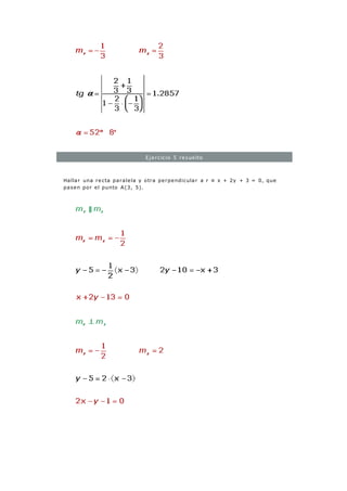 Ejercicio 5 resuelto
Hallar una recta paralela y otra perpendicular a r ≡ x + 2y + 3 = 0, que
pasen por el punto A(3, 5).
 