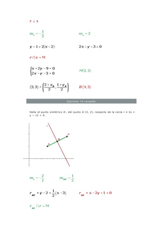 Ejercicio 10 resuelto
Halla el punto simétrico A', del punto A (3, 2), respecto de la recta r ≡ 2x +
y − 12 = 0.
 