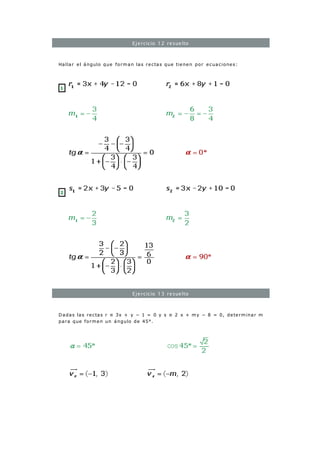 Ejercicio 12 resuelto
Hallar el ángulo que forman las rectas que tienen por ecuaciones:
1
2
Ejercicio 13 resuelto
Dadas las rectas r ≡ 3x + y − 1 = 0 y s ≡ 2 x + my − 8 = 0, determinar m
para que formen un ángulo de 45°.
 