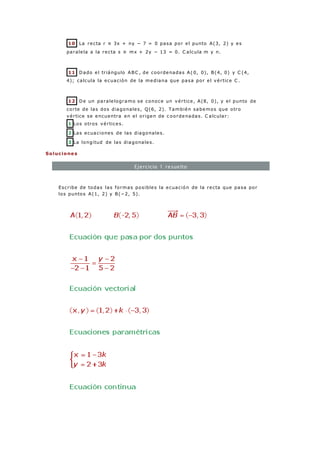 10 La recta r ≡ 3x + ny − 7 = 0 pasa por el punto A(3, 2) y es
paralela a la recta s ≡ mx + 2y − 13 = 0. C alcula m y n.
11 Dado el triángulo ABC , de coordenadas A( 0, 0), B(4, 0) y C (4,
4); calcula la ecuación de la mediana que pasa por el vértice C .
12 De un paralelogramo se conoce un vértice, A(8, 0), y el punto de
corte de las dos diagonales, Q(6, 2). También sabemos que otro
vértice se encuentra en el origen de c oordenadas. C alcular:
1 Los otros vértices.
2 Las ecuaciones de las diagonales.
3 La longitud de las diagonales.
Solucione s
Ejercicio 1 resuelto
Escribe de todas las formas posibles la ecuación de la recta que pasa por
los puntos A(1, 2) y B(−2, 5).
 