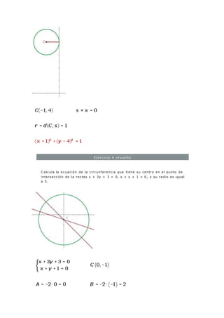Ejercicio 4 resuelto
C alcula la ecuación de la circunferencia que tiene su centro en el punto de
intersección de la rectas x + 3y + 3 = 0, x + y + 1 = 0, y su radio es igual
a 5.
 