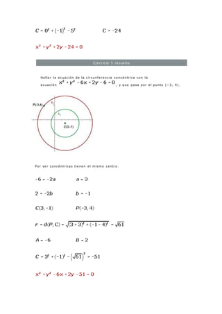 Ejercicio 5 resuelto
Hallar la ecuación de la circunferencia concéntrica con la
ecuación , y que pasa por el punto (−3, 4).
Por ser concéntricas tienen el mismo centro.
 