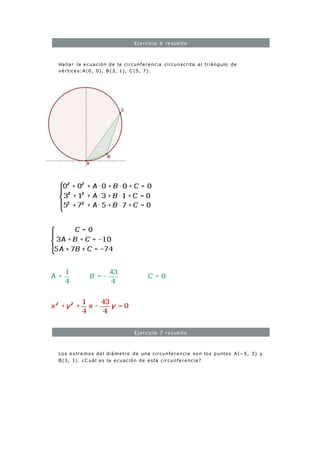 Ejercicio 6 resuelto
Hallar la ecuación de la circunferencia circunscrita al triángulo de
vértices:A(0, 0), B(3, 1), C (5, 7).
Ejercicio 7 resuelto
Los extremos del diámetro de una circunferencia son los puntos A(−5, 3) y
B(3, 1). ¿C uál es la ecuación de esta circunferencia?
 