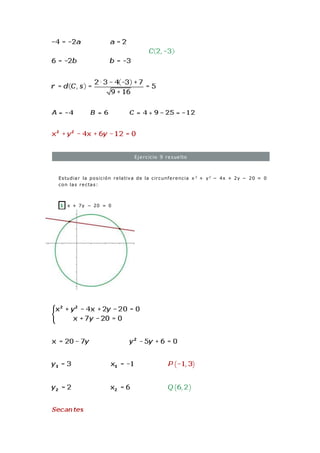 Ejercicio 9 resuelto
Estudiar la posición relativa de la circunferencia x 2
+ y2
− 4x + 2y − 20 = 0
con las rectas:
1 x + 7y − 20 = 0
 