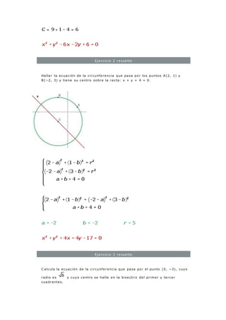 Ejercicio 2 resuelto
Hallar la ecuación de la circunferencia que pasa por los puntos A(2, 1) y
B(−2, 3) y tiene su centro sobre la recta: x + y + 4 = 0.
Ejercicio 3 resuelto
C alcula la ecuación de la circunferencia que pasa por el punto (0, −3), cuyo
radio es y cuyo centro se halla en la bisectriz del primer y tercer
cuadrantes.
 