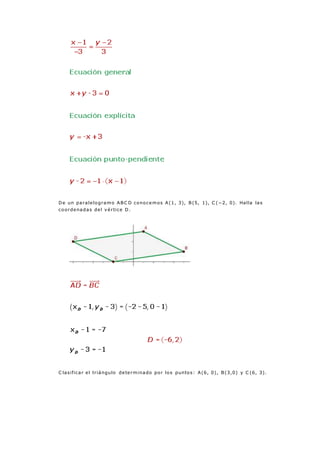 De un paralelogramo ABC D conocemos A(1, 3), B(5, 1), C (−2, 0). Halla las
coordenadas del vértice D.
C lasificar el triángulo determinado por los puntos: A(6, 0), B(3,0) y C (6, 3).
 