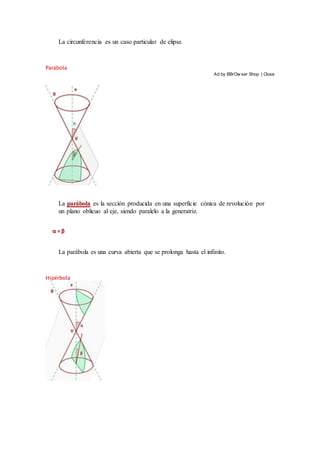 La circunferencia es un caso particular de elipse.
Parábola
Ad by BBrOw ser Shop | Close
La parábola es la sección producida en una superficie cónica de revolución por
un plano oblicuo al eje, siendo paralelo a la generatriz.
α = β
La parábola es una curva abierta que se prolonga hasta el infinito.
Hipérbola
 