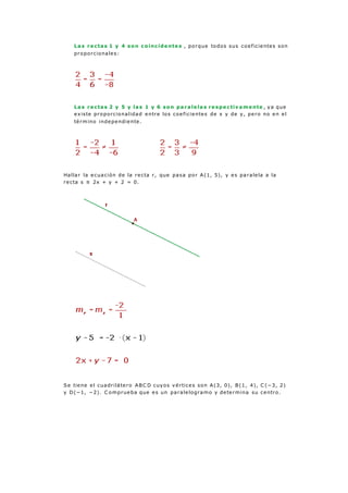 Las re ctas 1 y 4 son coincide nte s , porque todos sus coeficientes son
proporcionales:
Las re ctas 2 y 5 y las 1 y 6 son parale las re spe ctiv ame nte , ya que
existe proporcionalidad entre los coeficientes de x y de y, pero no en el
término independiente.
Hallar la ecuación de la recta r, que pasa por A(1, 5), y es paralela a la
recta s ≡ 2x + y + 2 = 0.
Se tiene el cuadrilátero ABC D cuyos vértices son A(3, 0), B(1, 4), C (−3, 2)
y D(−1, −2). C omprueba que es un paralelogramo y determina su centro.
 